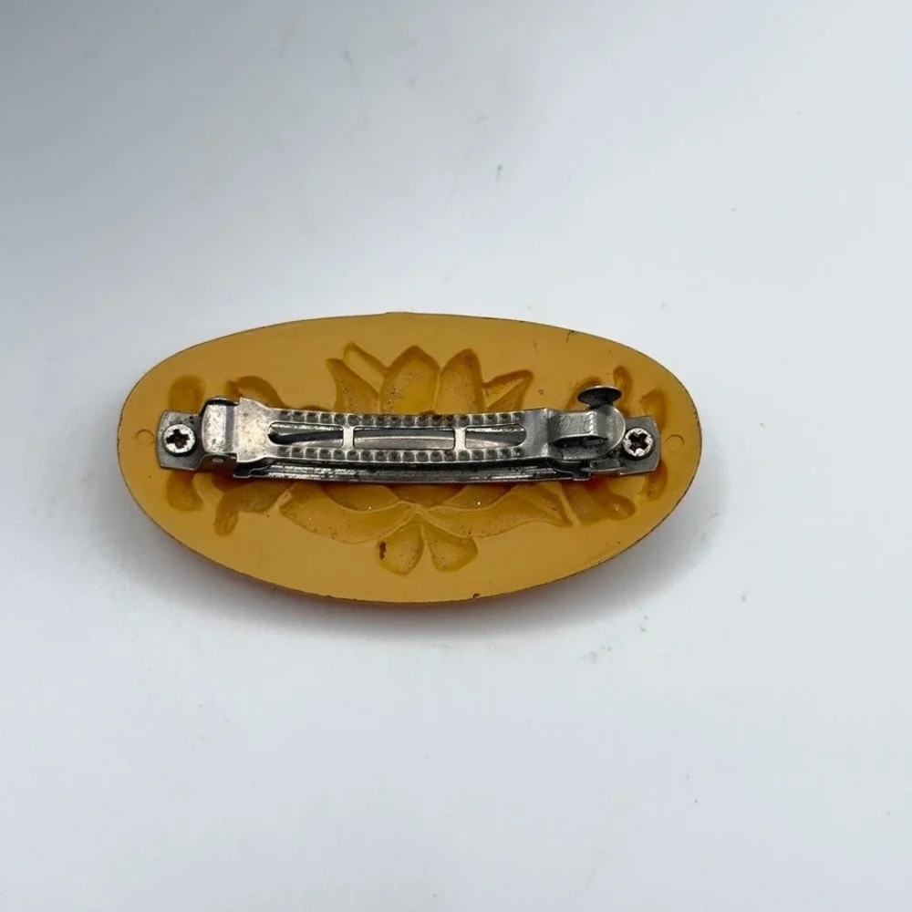 Vintage Barrette MCM Butterscotch Amber Reverse Carved Rose Floral Hair Clip